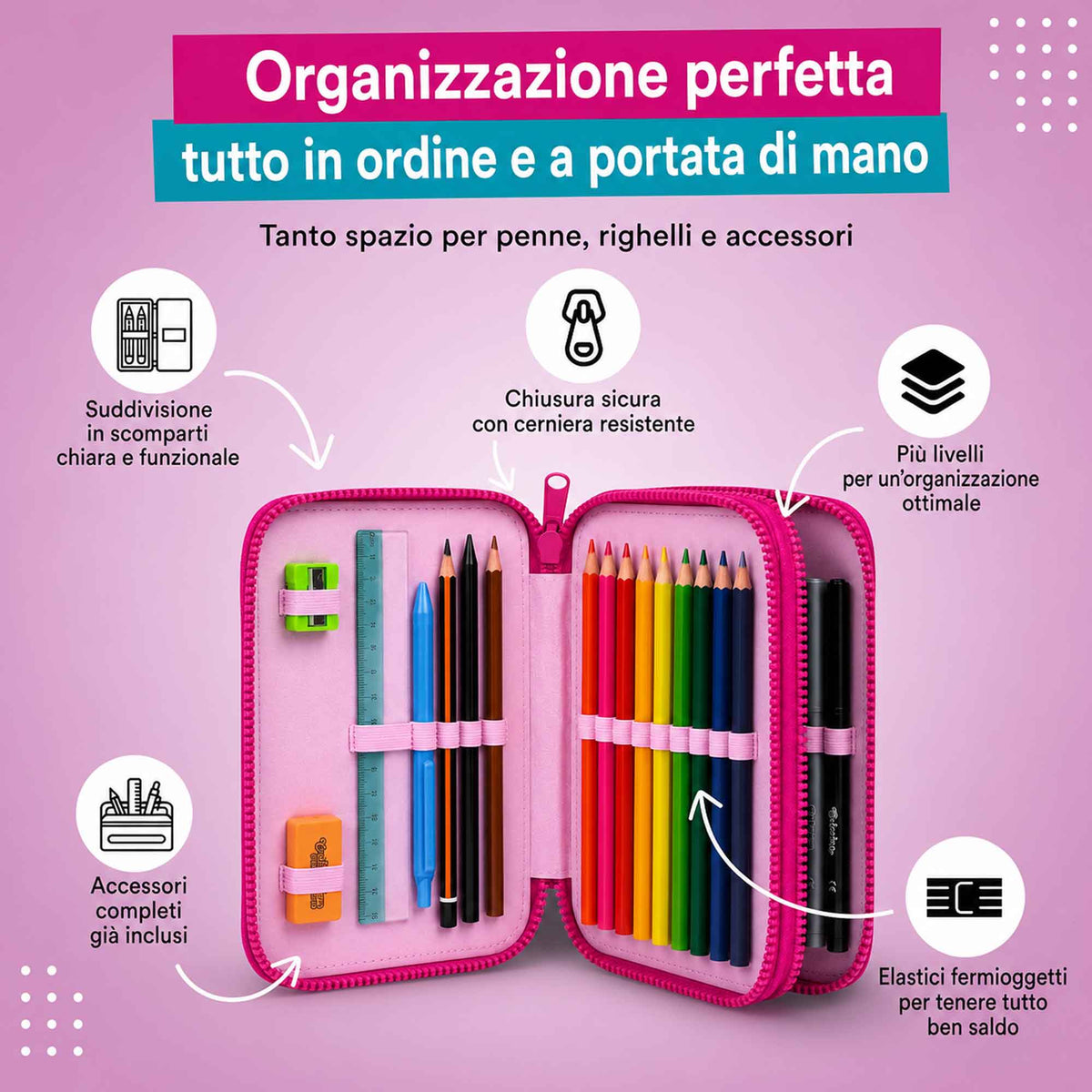 Astuccio 3 Zip Hello Kitty Completo – 44 Pezzi