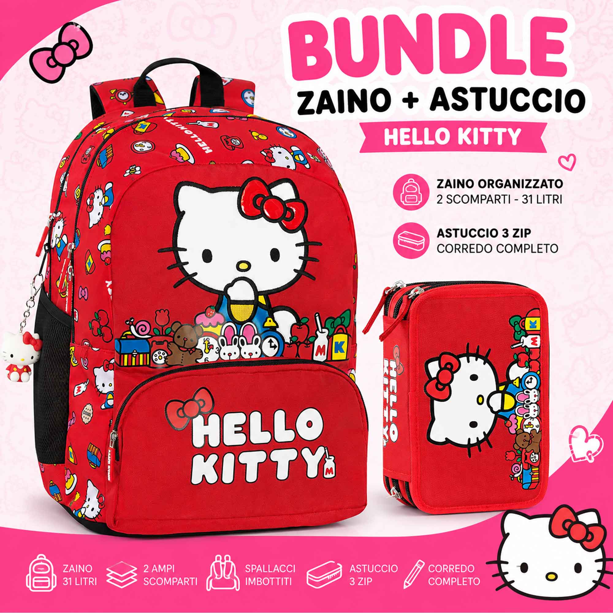 Zaino organizzato Hello kitty Rosso