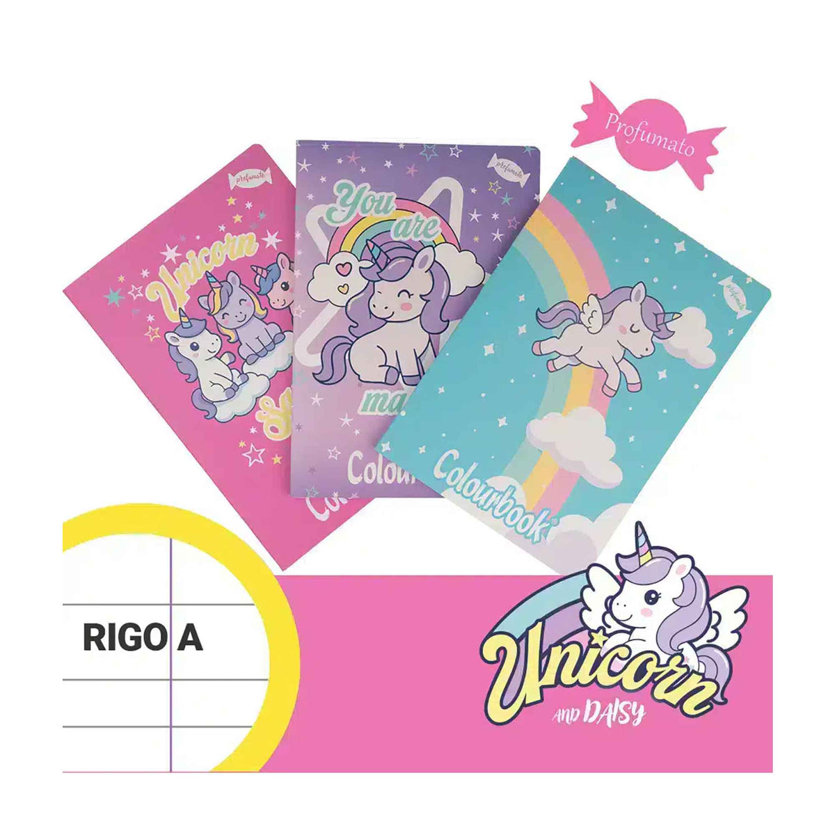 Set 3 quaderni profumati A4 Unicorn Rigo A – Righe prima e seconda elementare